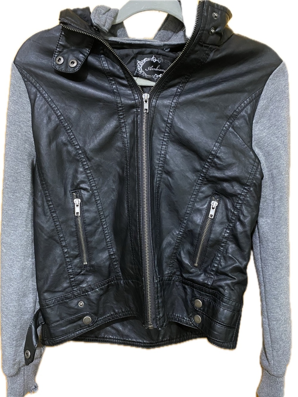 Ambiance Black Faux Leather Moto Jacket with Gray Hoodie Sleeves